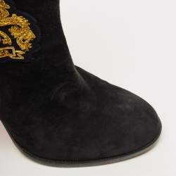Pre Owned Christian Louboutin Crest Embroidered Size 37 Black Suede Ankle Length Boots