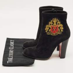 Pre Owned Christian Louboutin Crest Embroidered Size 37 Black Suede Ankle Length Boots