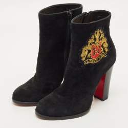 Pre Owned Christian Louboutin Crest Embroidered Size 37 Black Suede Ankle Length Boots