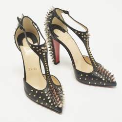 Pre Owned حذاء كعب عالي كريستيان لوبوتان غولدستراب مسامير جلد اسود مقاس 37.5