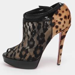 Pre Owned Christian Louboutin Bridget Size 38.5 Black/Brown Lace and Leopard Print Calf Hair Booties