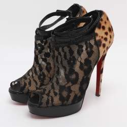 Pre Owned Christian Louboutin Bridget Size 38.5 Black/Brown Lace and Leopard Print Calf Hair Booties