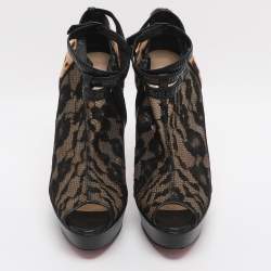 Pre Owned Christian Louboutin Bridget Size 38.5 Black/Brown Lace and Leopard Print Calf Hair Booties