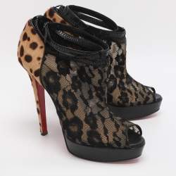 Pre Owned Christian Louboutin Bridget Size 38.5 Black/Brown Lace and Leopard Print Calf Hair Booties