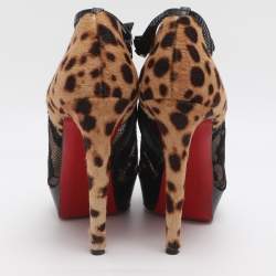 Pre Owned Christian Louboutin Bridget Size 38.5 Black/Brown Lace and Leopard Print Calf Hair Booties