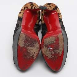 Pre Owned Christian Louboutin Bridget Size 38.5 Black/Brown Lace and Leopard Print Calf Hair Booties