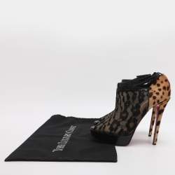 Pre Owned Christian Louboutin Bridget Size 38.5 Black/Brown Lace and Leopard Print Calf Hair Booties