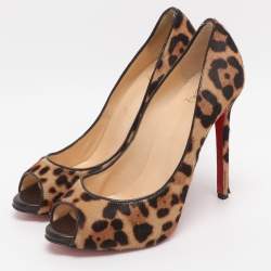 Pre Owned Christian Louboutin Maryl Size 38.5 Beige/Brown Leopard Calf Hair Peep Toe Pumps