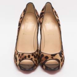 Pre Owned Christian Louboutin Maryl Size 38.5 Beige/Brown Leopard Calf Hair Peep Toe Pumps