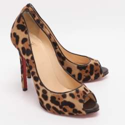 Pre Owned Christian Louboutin Maryl Size 38.5 Beige/Brown Leopard Calf Hair Peep Toe Pumps