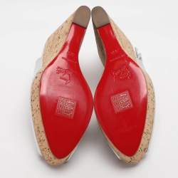 Pre Owned Christian Louboutin Une Plume Size 40.5 Silver Leather Cork Wedge Slingback Sandals