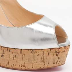 Pre Owned Christian Louboutin Une Plume Size 40.5 Silver Leather Cork Wedge Slingback Sandals