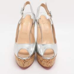 Pre Owned Christian Louboutin Une Plume Size 40.5 Silver Leather Cork Wedge Slingback Sandals