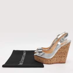 Pre Owned Christian Louboutin Une Plume Size 40.5 Silver Leather Cork Wedge Slingback Sandals
