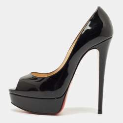 Pre Owned Christian Louboutin Lady Peep Size 37 Black Patent Leather Platform Pumps