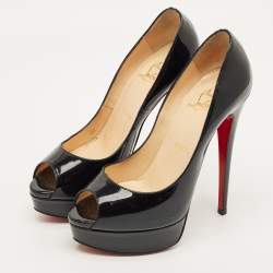 Pre Owned Christian Louboutin Lady Peep Size 37 Black Patent Leather Platform Pumps