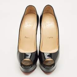 Pre Owned Christian Louboutin Lady Peep Size 37 Black Patent Leather Platform Pumps