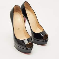 Pre Owned Christian Louboutin Lady Peep Size 37 Black Patent Leather Platform Pumps