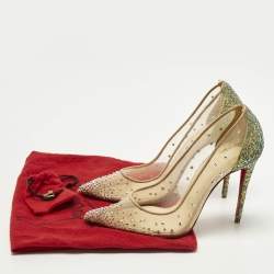 مملوكة مسبقًا حذاء كعب عالي كريستيان لوبوتان مزخرف كريستال مرصع فوليس جلد و شبكة ذهبي مقاس 38.5