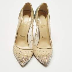 مملوكة مسبقًا حذاء كعب عالي كريستيان لوبوتان مزخرف كريستال مرصع فوليس جلد و شبكة ذهبي مقاس 38.5