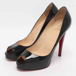 Pre Owned Christian Louboutin Very Prive Size 38 Black Patent Leather Peep Toe Pumps