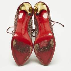Pre Owned Christian Louboutin Size 40.5 Burgundy/Gold Flora Lace and Suede Ankle Length Boots