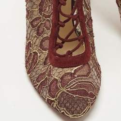 Pre Owned Christian Louboutin Size 40.5 Burgundy/Gold Flora Lace and Suede Ankle Length Boots