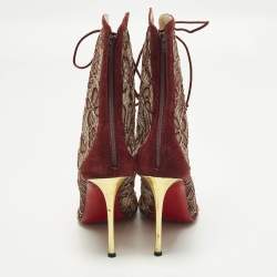 Pre Owned Christian Louboutin Size 40.5 Burgundy/Gold Flora Lace and Suede Ankle Length Boots