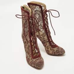 Pre Owned Christian Louboutin Size 40.5 Burgundy/Gold Flora Lace and Suede Ankle Length Boots