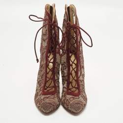 Pre Owned Christian Louboutin Size 40.5 Burgundy/Gold Flora Lace and Suede Ankle Length Boots