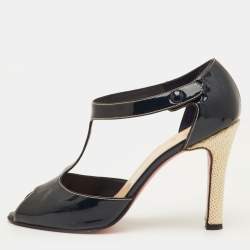 مملوكة مسبقًا Christian Louboutin Size 40 Navy Blue Patent Leather T-Strap Peep Toe Sandals