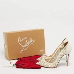 Pre Owned Christian Louboutin Tititata Size 39.5 Cream Mesh and Leather Pumps