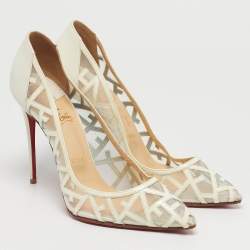 Pre Owned Christian Louboutin Tititata Size 39.5 Cream Mesh and Leather Pumps