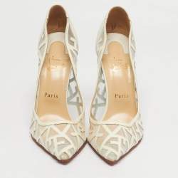 Pre Owned Christian Louboutin Tititata Size 39.5 Cream Mesh and Leather Pumps