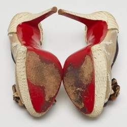 مملوكة مسبقًا حذاء كعب عالي كريستيان لوبوتان ليدي بيب دانتيل بيج وثعبان جلدي مقدمة مفتوحة مقاس 39.5