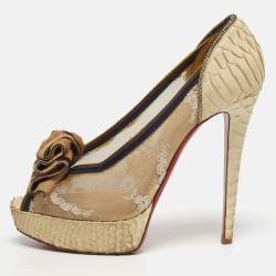 مملوكة مسبقًا Christian Louboutin Lady Peep Size 39.5 Beige Lace and Python Leather Peep Toe Pumps