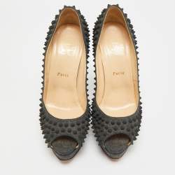 Pre Owned Christian Louboutin Lady Peep Spikes Size 39.5 Grey Wool Platform Pumps