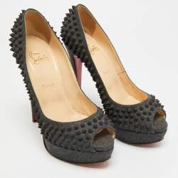 Pre Owned Christian Louboutin Lady Peep Spikes Size 39.5 Grey Wool Platform Pumps