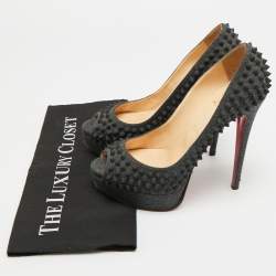 Pre Owned Christian Louboutin Lady Peep Spikes Size 39.5 Grey Wool Platform Pumps