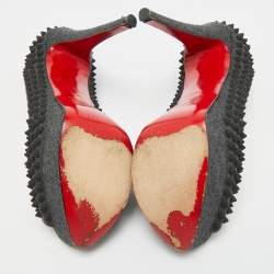 Pre Owned Christian Louboutin Lady Peep Spikes Size 39.5 Grey Wool Platform Pumps