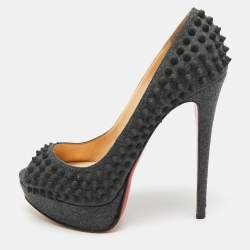 Pre Owned Christian Louboutin Lady Peep Spikes Size 39.5 Grey Wool Platform Pumps