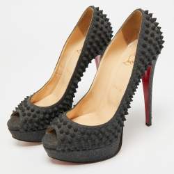 Pre Owned Christian Louboutin Lady Peep Spikes Size 39.5 Grey Wool Platform Pumps