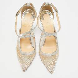 مملوكة مسبقًا صندل كريستيان لوبوتان تويستيسيما شبك و قماش لوريكس فضي مرصع ستراس مقاس 38.5