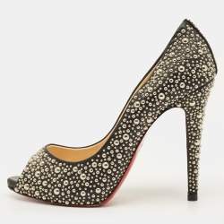 Pre Owned Christian Louboutin Studded Accents Size 39.5 Black/Silver Leather Peep Toe Pumps