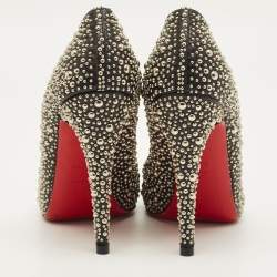 مملوكة مسبقًا حذاء كعب عالي كريستيان لوبوتان مقدمة مفتوحة استوديد أكسنت جلد أسود/فضي مقاس 39.5