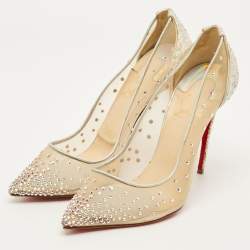 Pre Owned Christian Louboutin Follies Strass Size 37.5 Beige Glitter and Mesh Pumps
