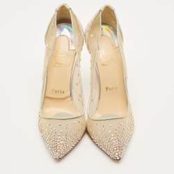 Pre Owned Christian Louboutin Follies Strass Size 37.5 Beige Glitter and Mesh Pumps
