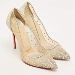 Pre Owned Christian Louboutin Follies Strass Size 37.5 Beige Glitter and Mesh Pumps