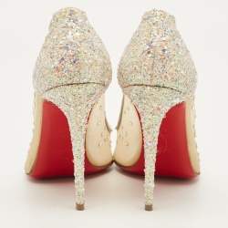 Pre Owned Christian Louboutin Follies Strass Size 37.5 Beige Glitter and Mesh Pumps