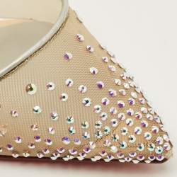 Pre Owned Christian Louboutin Follies Strass Size 37.5 Beige Glitter and Mesh Pumps